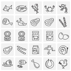 Meat and seafood icons set on squares background for graphic and web design, Modern simple vector sign. Internet concept. Trendy symbol for website design web button or mobile app