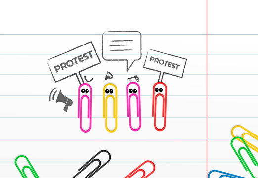 Group of colorful paperclips on paper sheet imitate protest