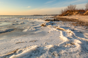 Winter landscape on the Baltic Sea. Cold winter evening in Jastarnia. Poland.