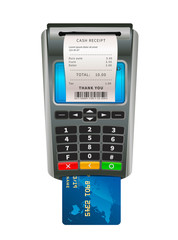 Realistic NFC POS terminal for payment with blue card and sale check on white