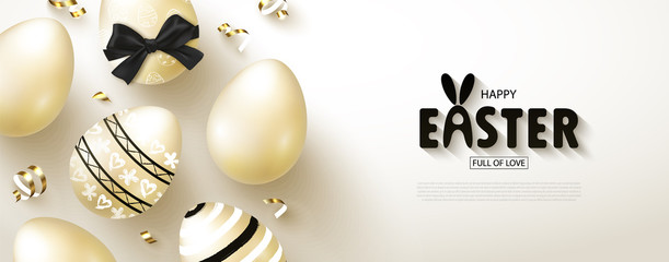 Happy Easter banner.Egg hunt. Beautiful Background with Golden eggs and serpentine. Vector illustration for website , posters,ads, coupons, promotional material.