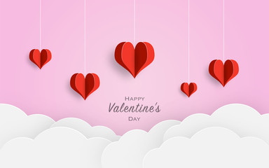 Fototapeta na wymiar Happy Valentine's day paper cut red heart and clouds