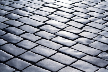 Perspective view on a paving stones illuminated by sunlight (texture, background, abstract)