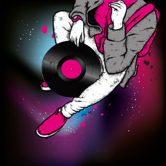 Legs in sneakers and a vinyl record. Hipster and music. Vector illustration for a postcard or a poster, print for clothes. Vintage, retro, fashion and style.