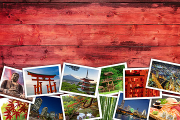 japan pictures on red wooden background