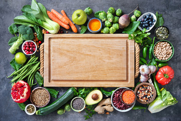 Obraz na płótnie Canvas Healthy food selection with fruits, vegetables, seeds, super foods, cereals