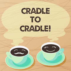 Writing note showing Cradle To Cradle. Business photo showcasing biomimetic approach to design of products and systems Sets of Cup Saucer for His and Hers Coffee Face icon with Blank Steam
