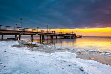 Frozen and snowy beach in Jastarnia on the Hel Peninsula. Poland