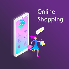 Online shopping isometric concept with smartphone and shopping girl, open 24 hour.
