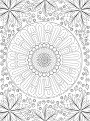 Background coloring antistress, drawings black lines and white background. Nature, flowers. Vector