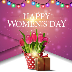 Women's day pink greeting card with bouquet of tulips