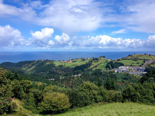 Fototapeta na wymiar Typical view of the sea from the hills of the Pais Basco, Spain, on the camino de Santiago de Compostela