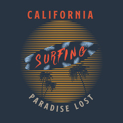 80s style vintage California typography. Retro t-shirt graphics with tropical paradise scene and tropic palms. Vector