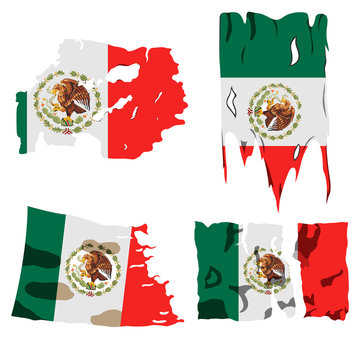 set of four flags, illustration of torn flags, Mexico flag