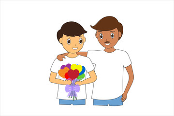 Two young people are happy man standing and hugging each other and holding a bouquet of flowers with valentine's day. Isolated on white background. Flat cartoon and concept of homosexuality(LGBT).-EPS