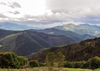 Panorama over the Pyrenees mountain range of the Pais Basco, Spain, on El Camino del Norte