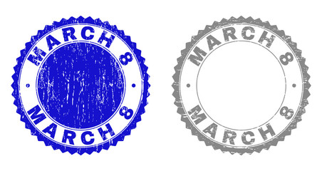 Grunge MARCH 8 stamp seals isolated on a white background. Rosette seals with grunge texture in blue and gray colors. Vector rubber stamp imprint of MARCH 8 label inside round rosette.