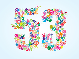 Vector Colorful Floral 53 Number Design isolated on white background. Floral Number Fifty Three Vector Typeface.