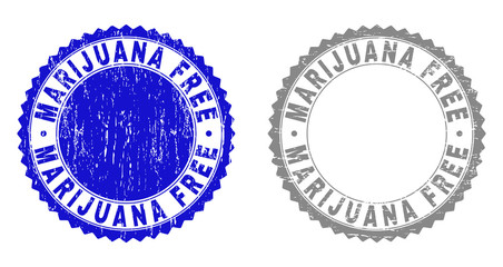 Grunge MARIJUANA FREE stamp seals isolated on a white background. Rosette seals with grunge texture in blue and grey colors. Vector rubber watermark of MARIJUANA FREE caption inside round rosette.