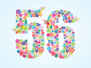 Vector Colorful Floral 56 Number Design isolated on white background. Floral Number Fifty Six Vector Typeface.