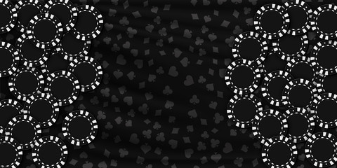 Black casino chips on dark background top view. Vector illustration.
