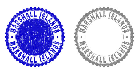 Grunge MARSHALL ISLANDS stamps isolated on a white background. Rosette seals with grunge texture in blue and grey colors. Vector rubber stamp imprint of MARSHALL ISLANDS caption inside round rosette.