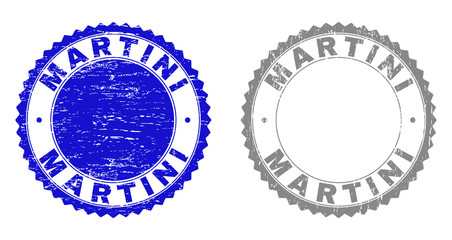 Grunge MARTINI stamp seals isolated on a white background. Rosette seals with distress texture in blue and grey colors. Vector rubber stamp imprint of MARTINI title inside round rosette.