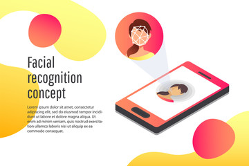 Face recognition, woman looks into the phone camera, biometric technology, identification