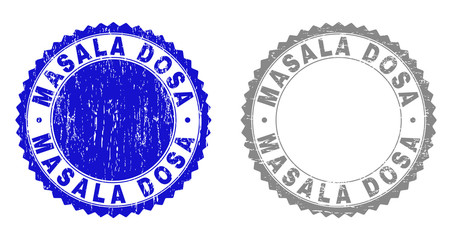 Grunge MASALA DOSA stamp seals isolated on a white background. Rosette seals with grunge texture in blue and gray colors. Vector rubber stamp imitation of MASALA DOSA tag inside round rosette.