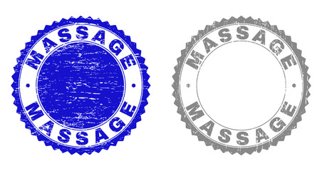 Grunge MASSAGE stamp seals isolated on a white background. Rosette seals with grunge texture in blue and gray colors. Vector rubber stamp imprint of MASSAGE caption inside round rosette.