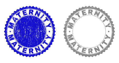 Grunge MATERNITY stamp seals isolated on a white background. Rosette seals with distress texture in blue and grey colors. Vector rubber stamp imitation of MATERNITY label inside round rosette.