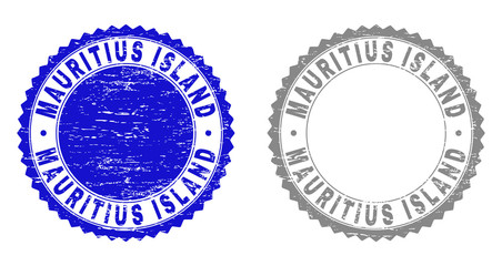 Grunge MAURITIUS ISLAND stamp seals isolated on a white background. Rosette seals with grunge texture in blue and grey colors.