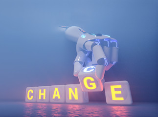cyborg robot hand changes text cube from change to chance - ai concept - 3d rendering
