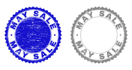 Grunge MAY SALE stamp seals isolated on a white background. Rosette seals with grunge texture in blue and gray colors. Vector rubber stamp imitation of MAY SALE caption inside round rosette.