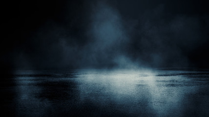 Background scene of empty street. Night view of the river, the night sky with clouds, the reflection of light on the water. Smoke fog