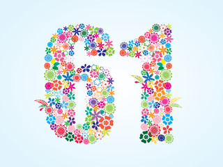 Vector Colorful Floral 61 Number Design isolated on white background. Floral Number Sixty One Vector Typeface.