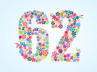Vector Colorful Floral 62 Number Design isolated on white background. Floral Number Sixty Two Vector Typeface.