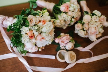 Brides accessories pretarations for wedding day, shoes and buttohole