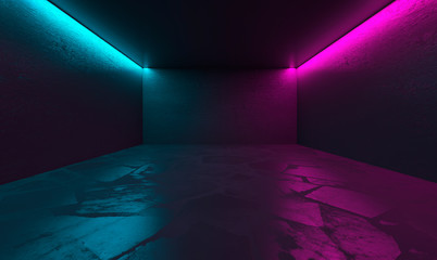 The background of an empty room with concrete walls and floor tiles. Pink and blue neon light, smoke. Spotlight © Laura Сrazy