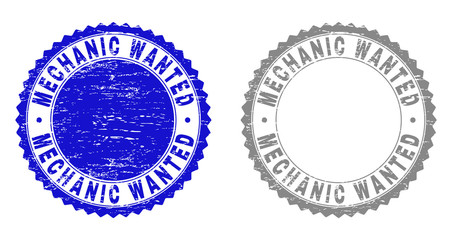 Grunge MECHANIC WANTED stamp seals isolated on a white background. Rosette seals with distress texture in blue and gray colors.
