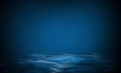 Product showcase spotlight background. Clean photographer studio. Abstract blue background with rays of neon light, spotlight, reflection on water.