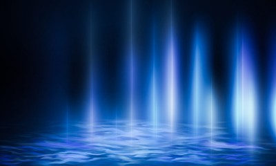 Product showcase spotlight background. Clean photographer studio. Abstract blue background with rays of neon light, spotlight, reflection on water.