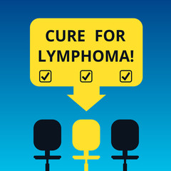 Handwriting text writing Cure For Lymphoma. Concept meaning restore bone marrow by dose chemotherapy radiation therapy Blank Space Color Arrow Pointing to One of the Three Swivel Chairs photo