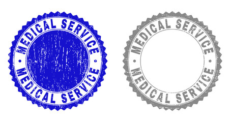 Grunge MEDICAL SERVICE stamp seals isolated on a white background. Rosette seals with grunge texture in blue and grey colors. Vector rubber stamp imprint of MEDICAL SERVICE label inside round rosette.