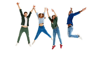 group of cheerful young people men and women isolated on white background.