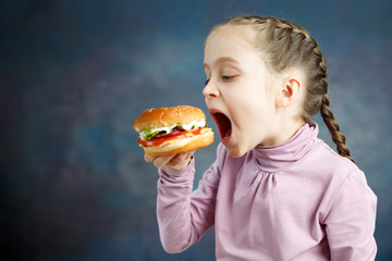 American calories fat meal Junk food, Little Girl enjoy eating hamburgers fast food burger unhealthy