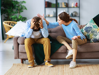 family couple quarrels in a conflict at home.