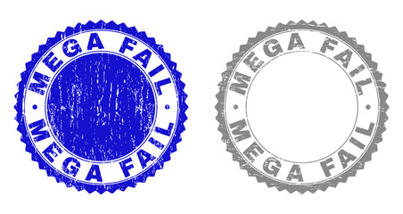 Grunge MEGA FAIL stamp seals isolated on a white background. Rosette seals with distress texture in blue and gray colors. Vector rubber stamp imitation of MEGA FAIL tag inside round rosette.