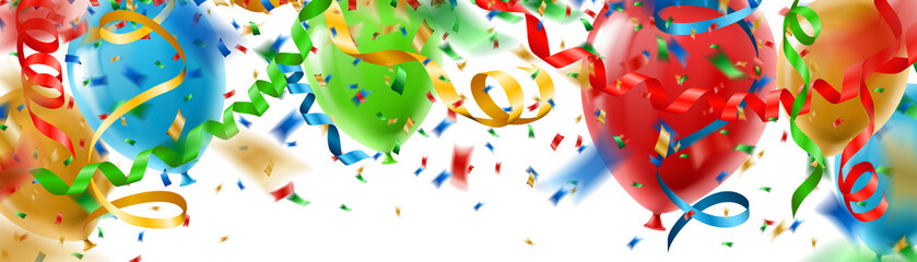 bunter Partyhintergrund mit Konfetti, Luftschlangen und Ballons