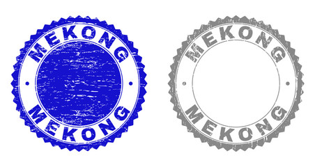 Grunge MEKONG stamp seals isolated on a white background. Rosette seals with distress texture in blue and gray colors. Vector rubber stamp imitation of MEKONG label inside round rosette.